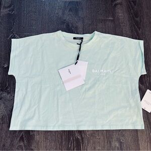 Balmain***Women’s Light Green Crop Top Tee w/ Logo***Large $485